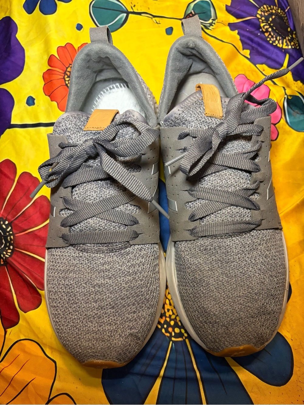 New Balance Grey Knit Athletic Shoes with Tan Accents